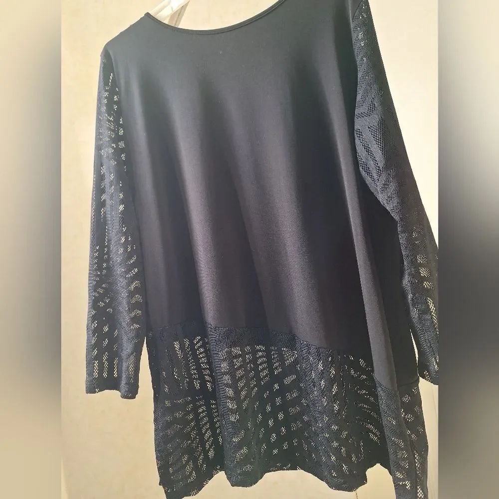 Black Long Sleeve Top, Tunic Lace Sleeves & Hem